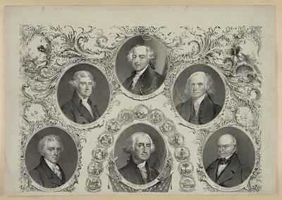 Engraved portraits of early American presidents in ornate border
