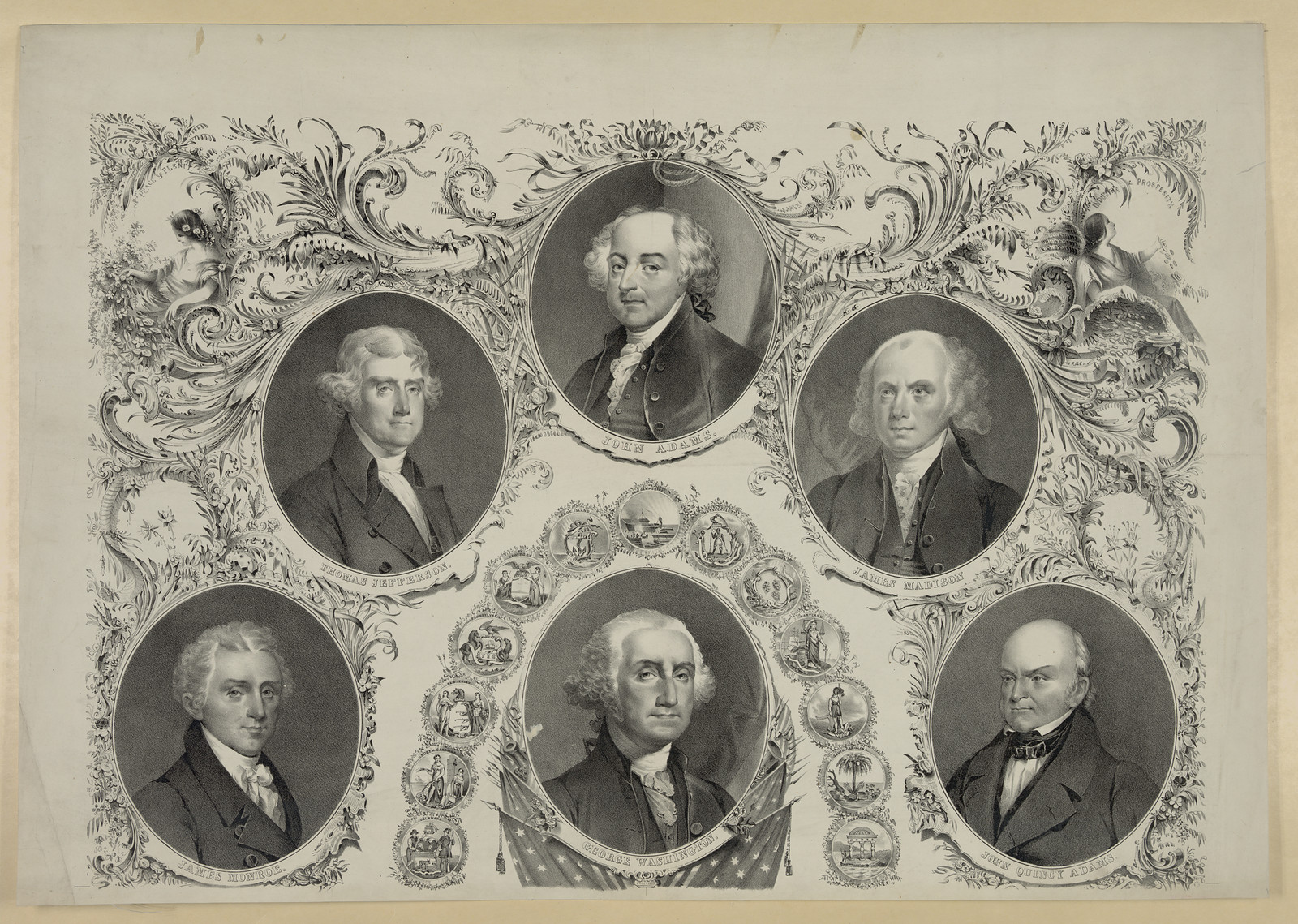 Engraved portraits of early American presidents in ornate border — historic image