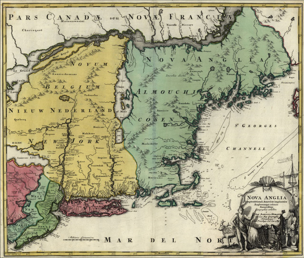 Map titled Nova Anglia showing New England and surrounding regions — antique map
