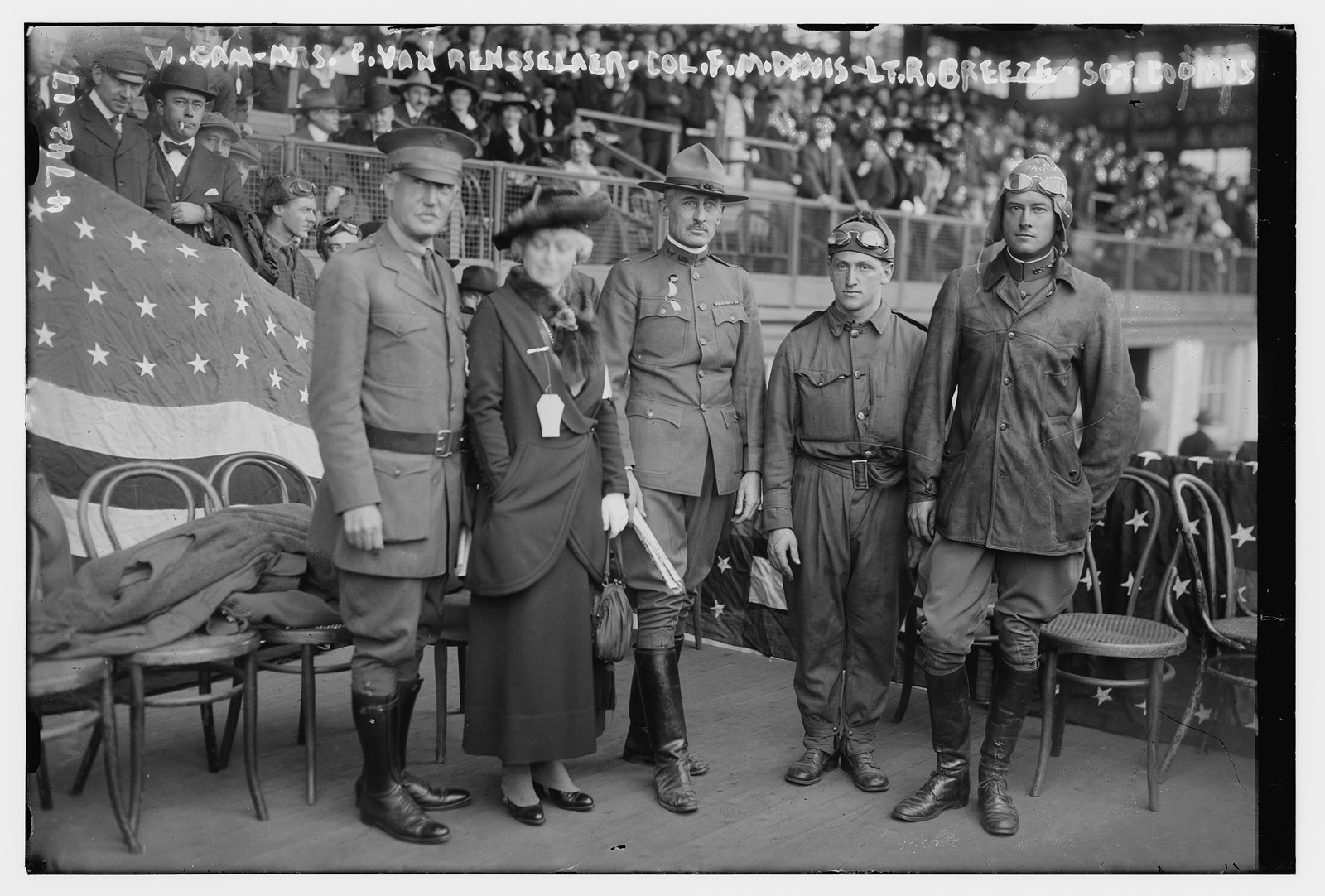 W. Camp, Mrs. C. Van Rensselaer, Col. FM Davis, Lt. R. Breeze, Sgt. Coombs, n/a — historic photograph