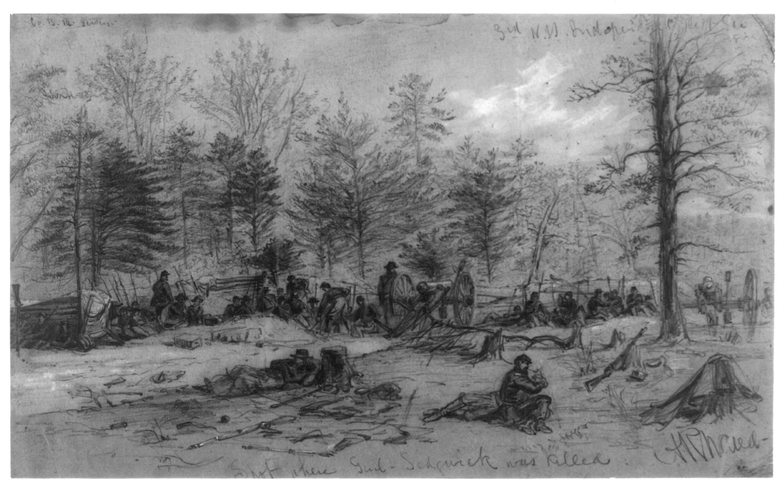 Spot where Genl. Sedgwick was killed, [1864 ca. May 9] — historic drawing