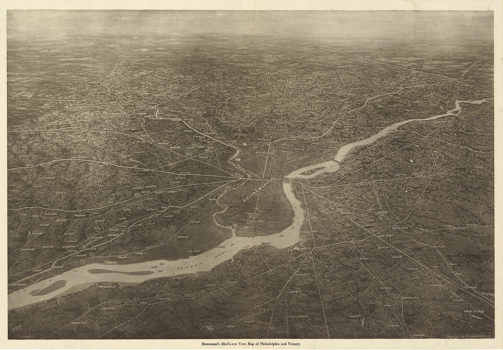 Hammond's Bird's-eye View Map of Philadelphia and Vicinity, 1926 — antique map