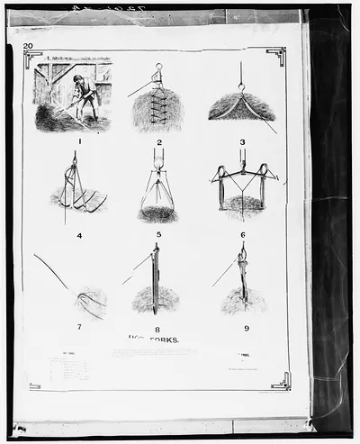 Book page of numbered hay fork illustrations, titled Hay Forks