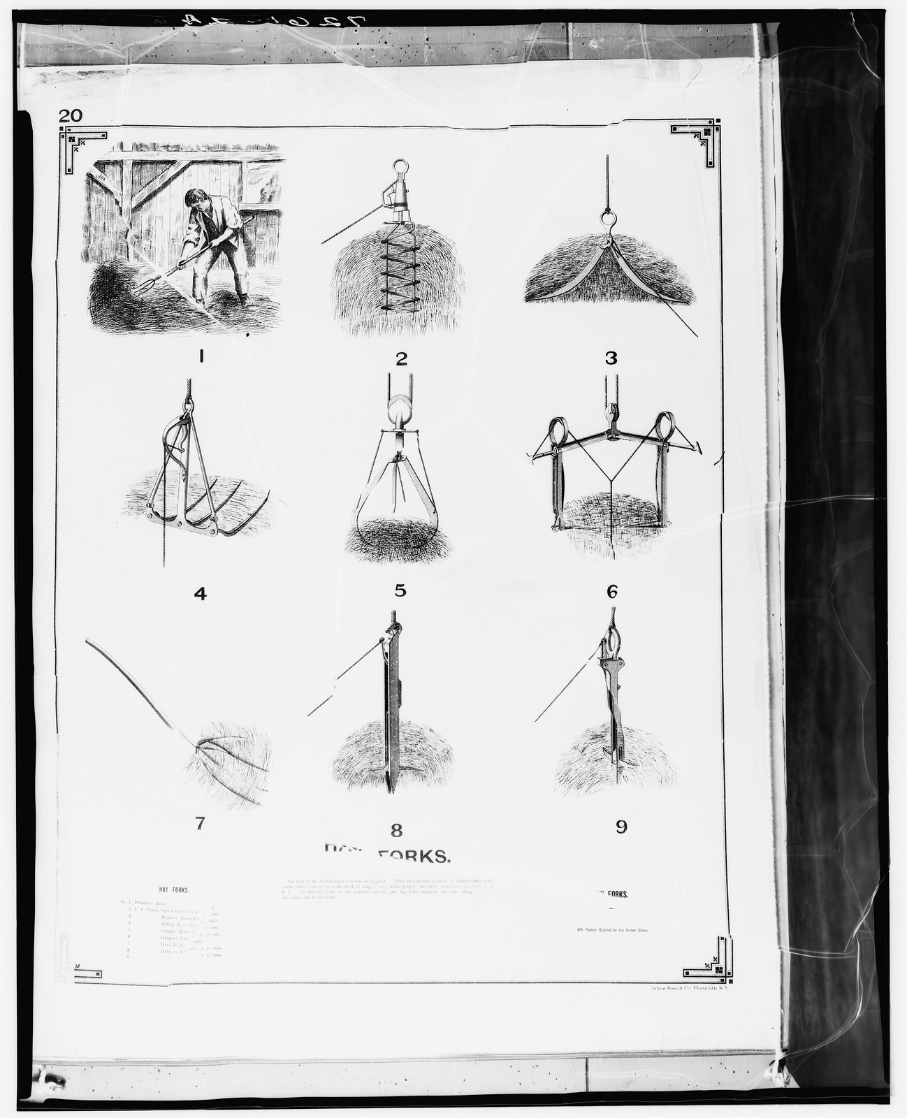 Book page of numbered hay fork illustrations, titled Hay Forks — historic image