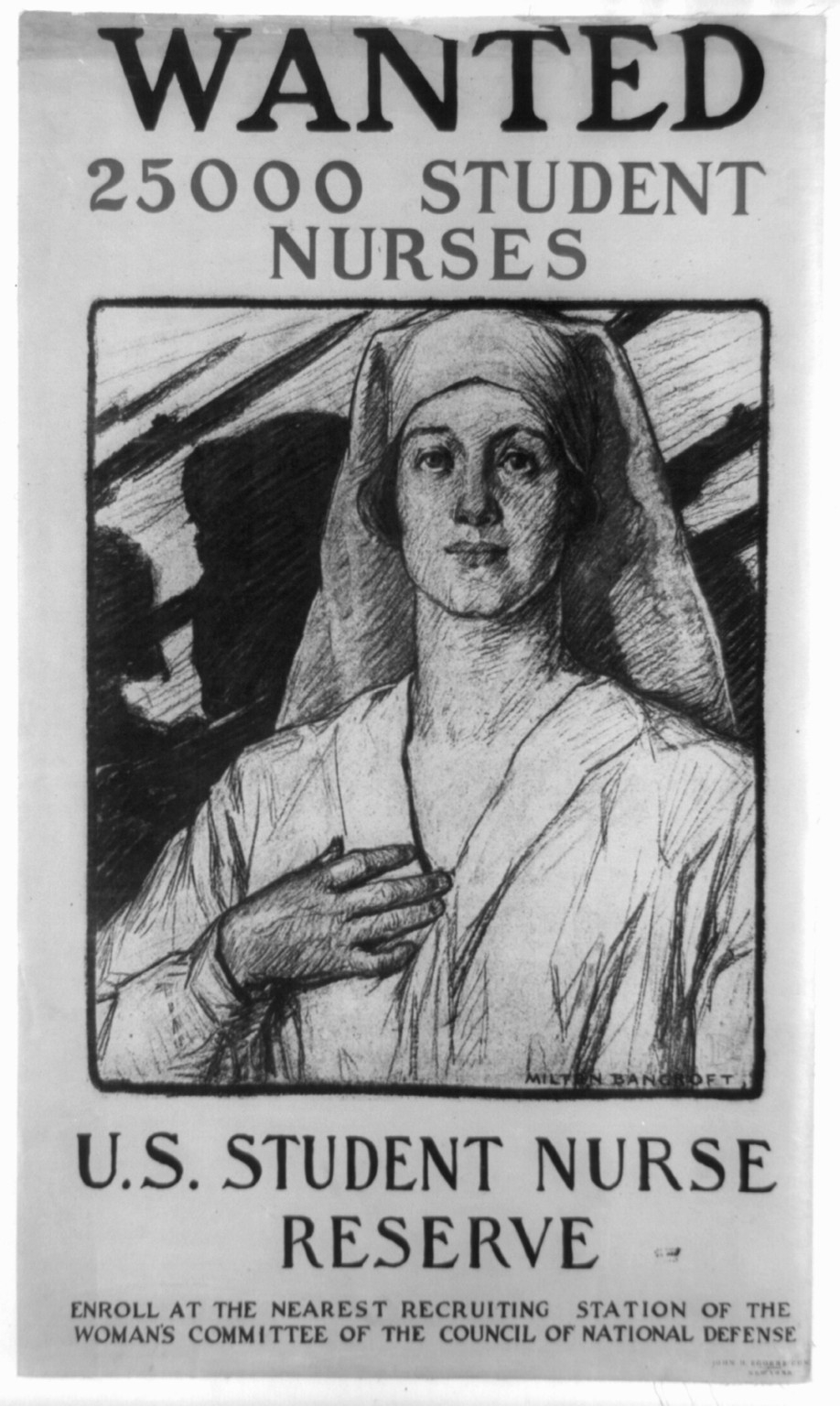 Wanted 25000 student nurses U.S. Student Nurse Reserve / Milton Bancroft., 1917 — vintage poster