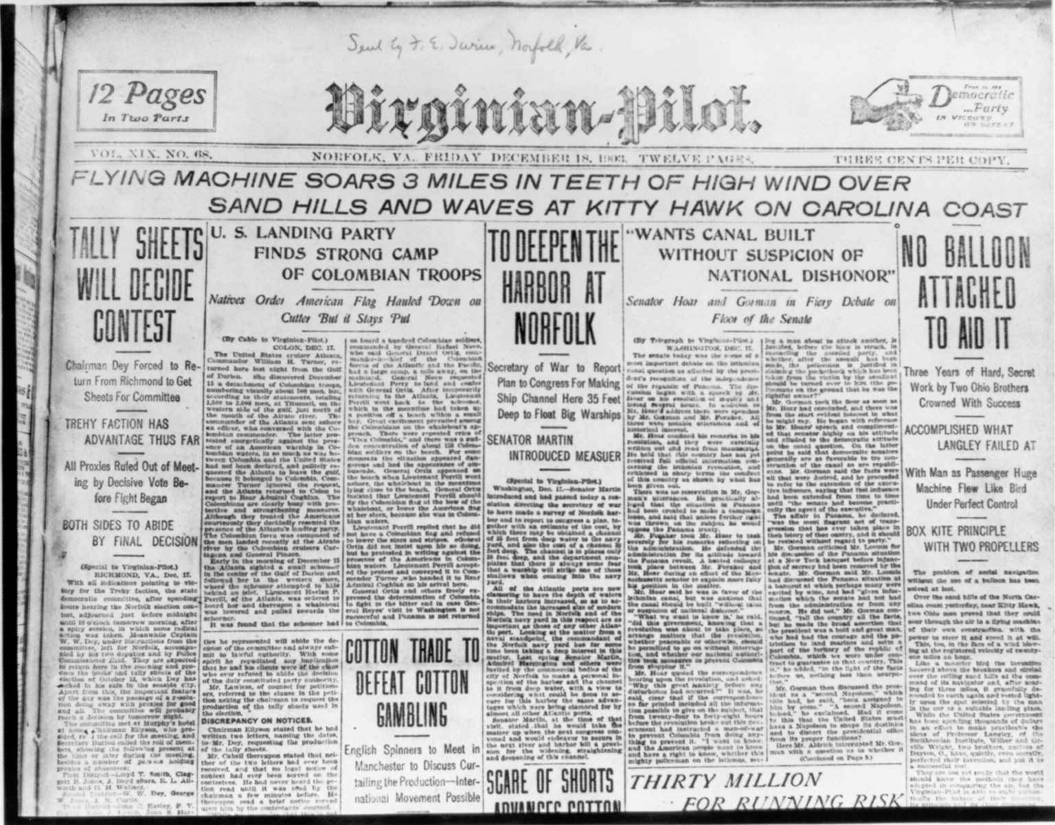 [Newspaper notice of Wright Bros. 1st flight: Virginian-Pilot, Norfolk, Dec. 18, 1903: headline], 1903 Dec. 18. — historic print