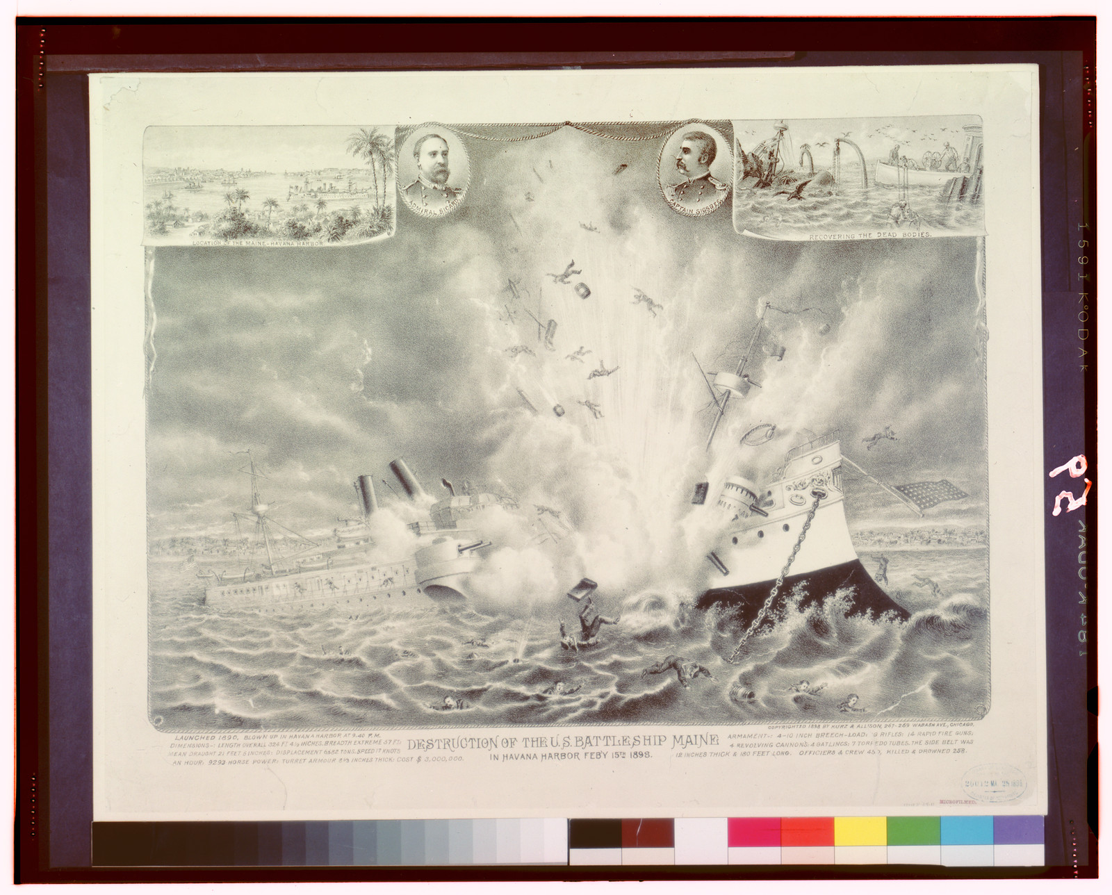 Destruction of the U.S. battleship Maine in Havana Harbor Feby 15th, 1898, c1898. — antique lithograph