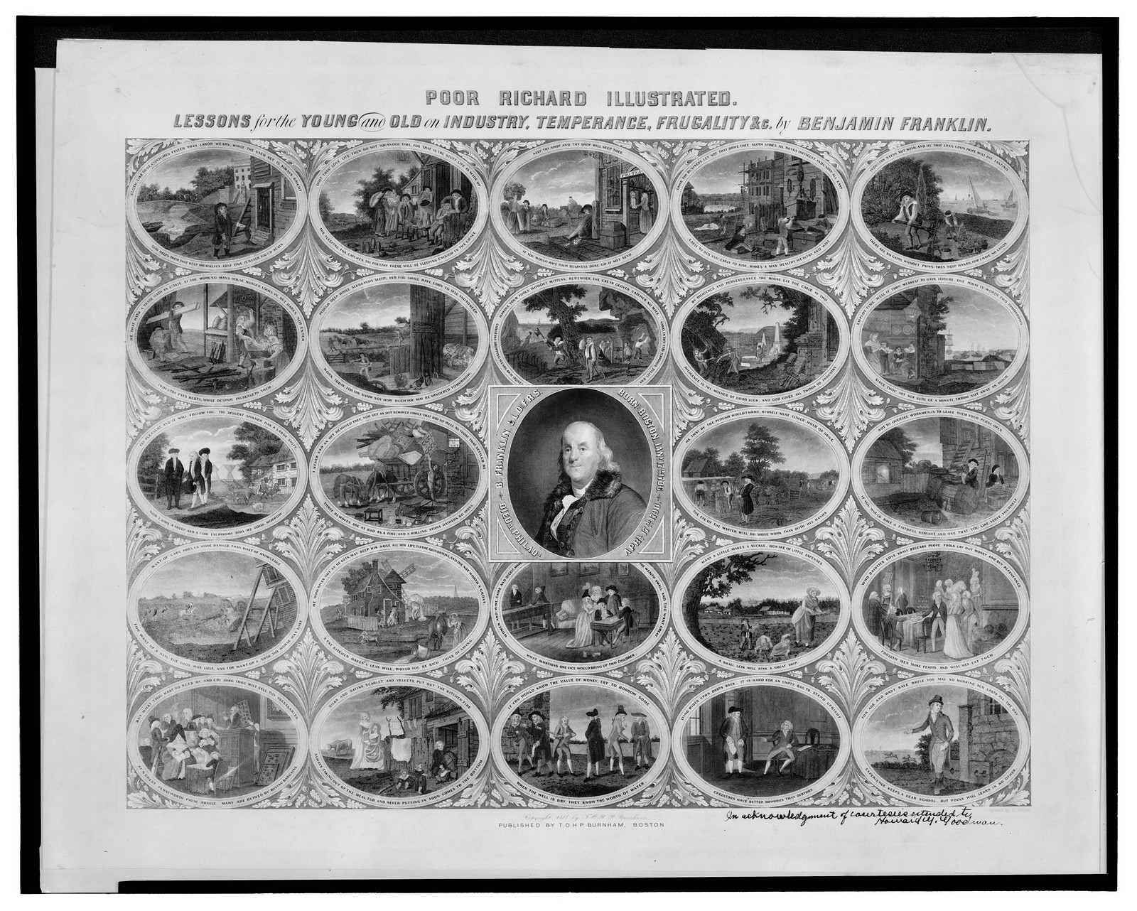 Poor Richard illustrated, lessons for the young and old on industry, temperance, frugality &c. by Benjamin Franklin / Engraved by O. Pelton., Boston : T.O.H.P. Burnham, 1887. — antique engraving