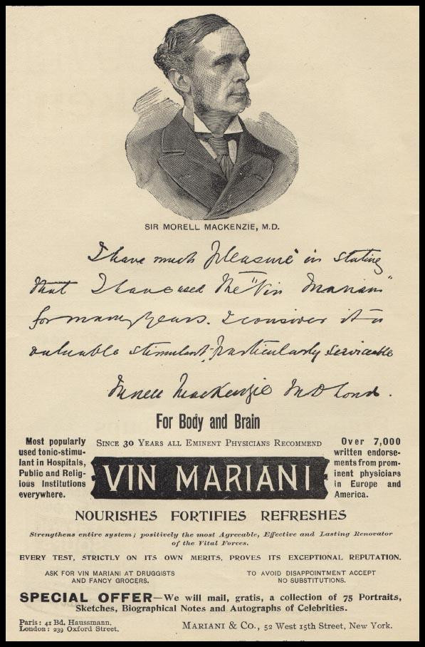 Vin Mariani advertisement with portrait of Sir Morell Mackenzie, M.D. — historic image