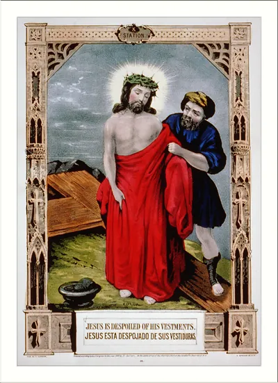Jesus is despoiled of his vestments. / Jesus esta despojado de sus vestiduras.