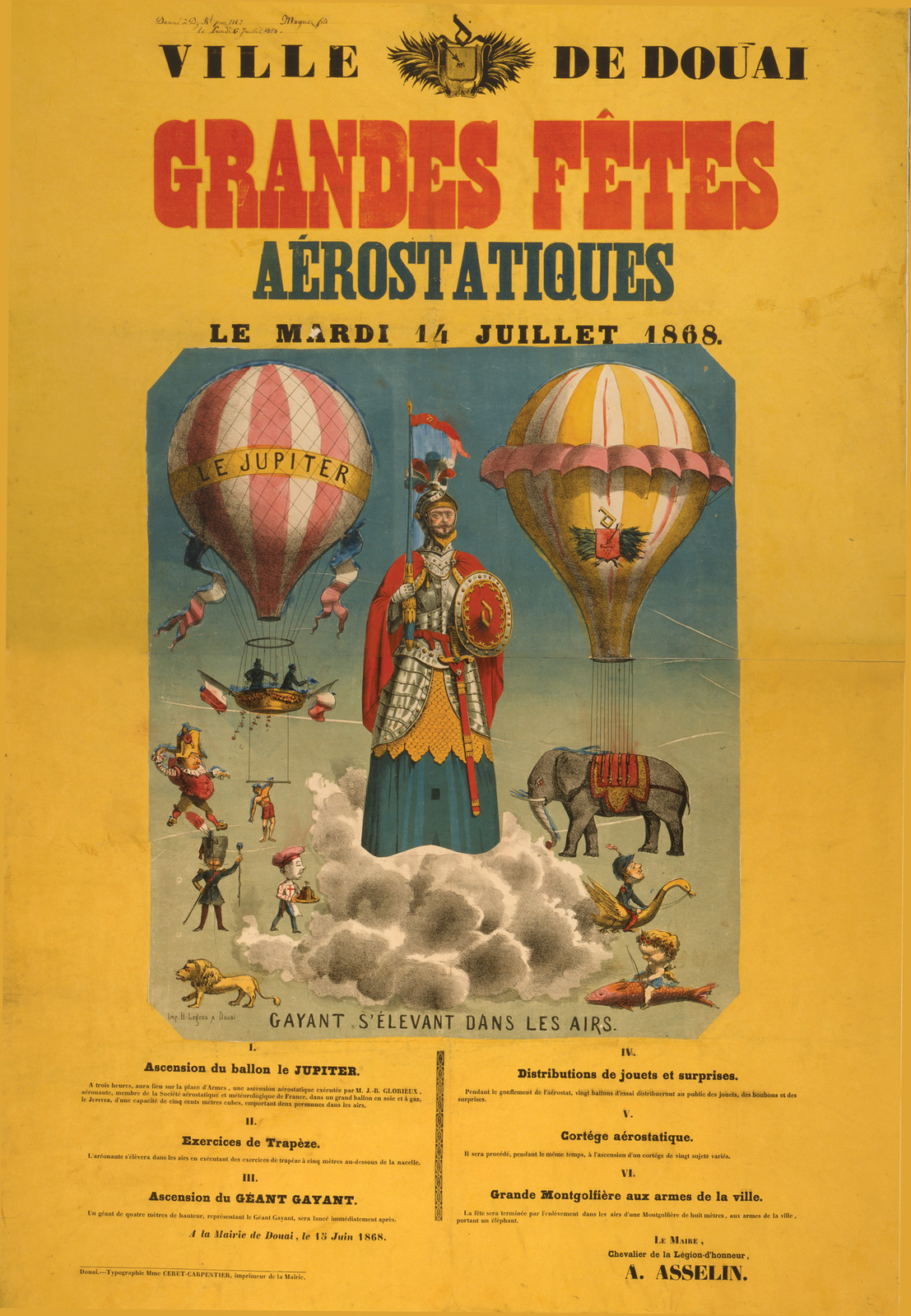 Grandes fêtes aérostatiques, Ville de Douai poster, 14 July 1868 — vintage poster