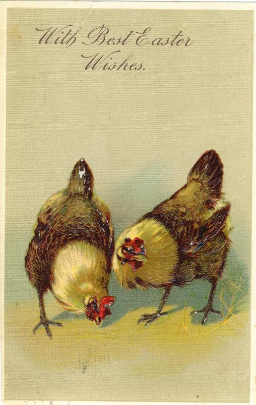 With Best Easter Wishes: two hens on a greeting card — historic image