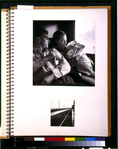 [Two scenes of rural rehabilitation: Young couple with baby in railroad passenger car during journey from Minnesota to San Francisco, and railroad tracks outside of train station]