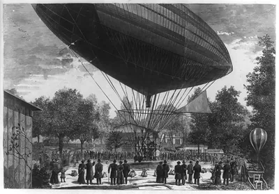 [Airship powered by an electric motor developed by Albert and Gaston Tissandier departing from Auteuil, Paris, France, October 8, 1883] / Poyet, del ; E. A. Tilly.