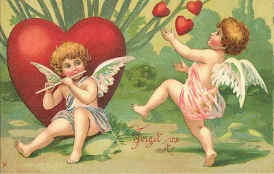 Two cherubs with red hearts, 'Forget Me Not' greeting