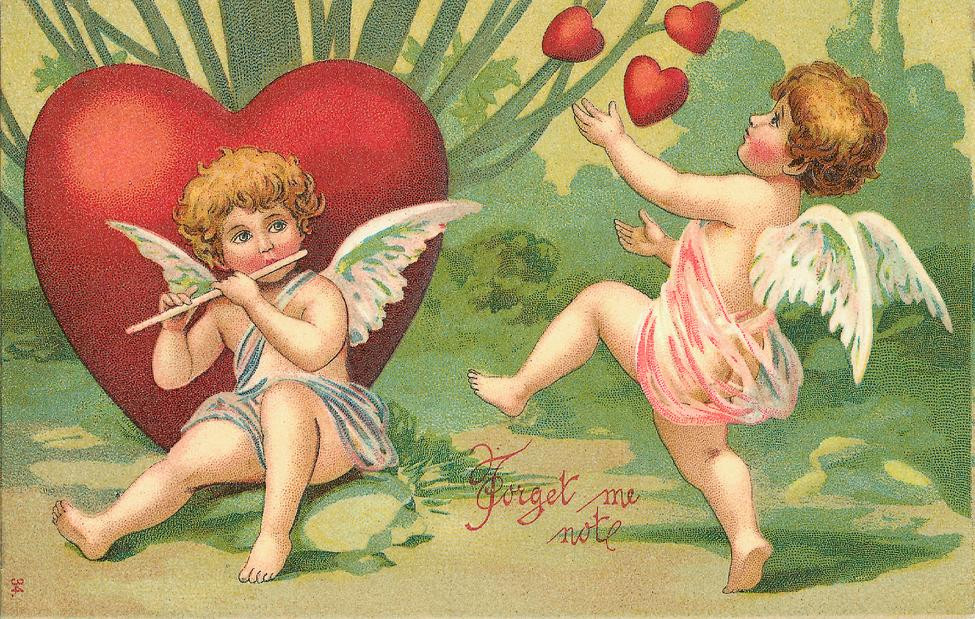 Two cherubs with red hearts, 'Forget Me Not' greeting — historic image