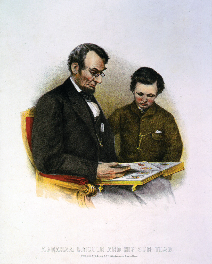 Abraham Lincoln And His Son Thad, c. Late 1800s — antique lithograph
