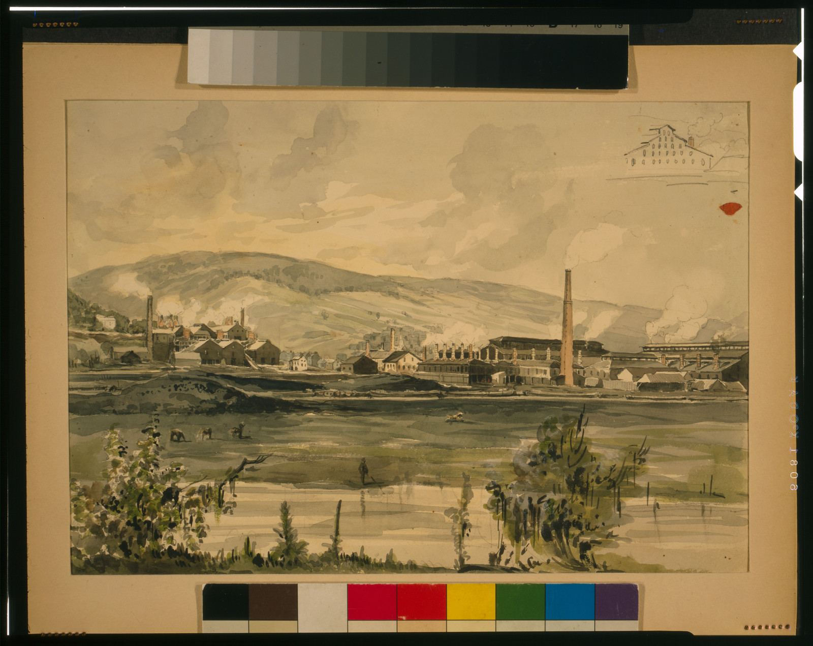 [River view with factory], [ca. 1857] — historic drawing