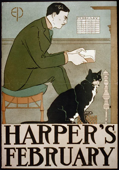 Harper's February poster: man reading beside a black cat