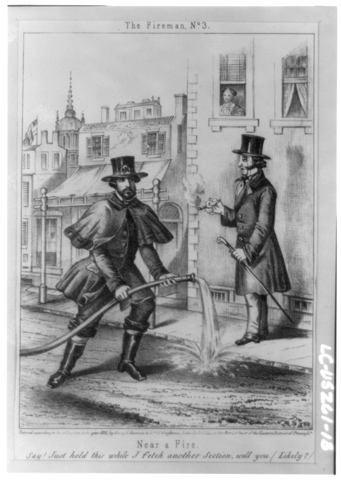 The Fireman No. 3. Near a fire, c1838 March 3. — historic print