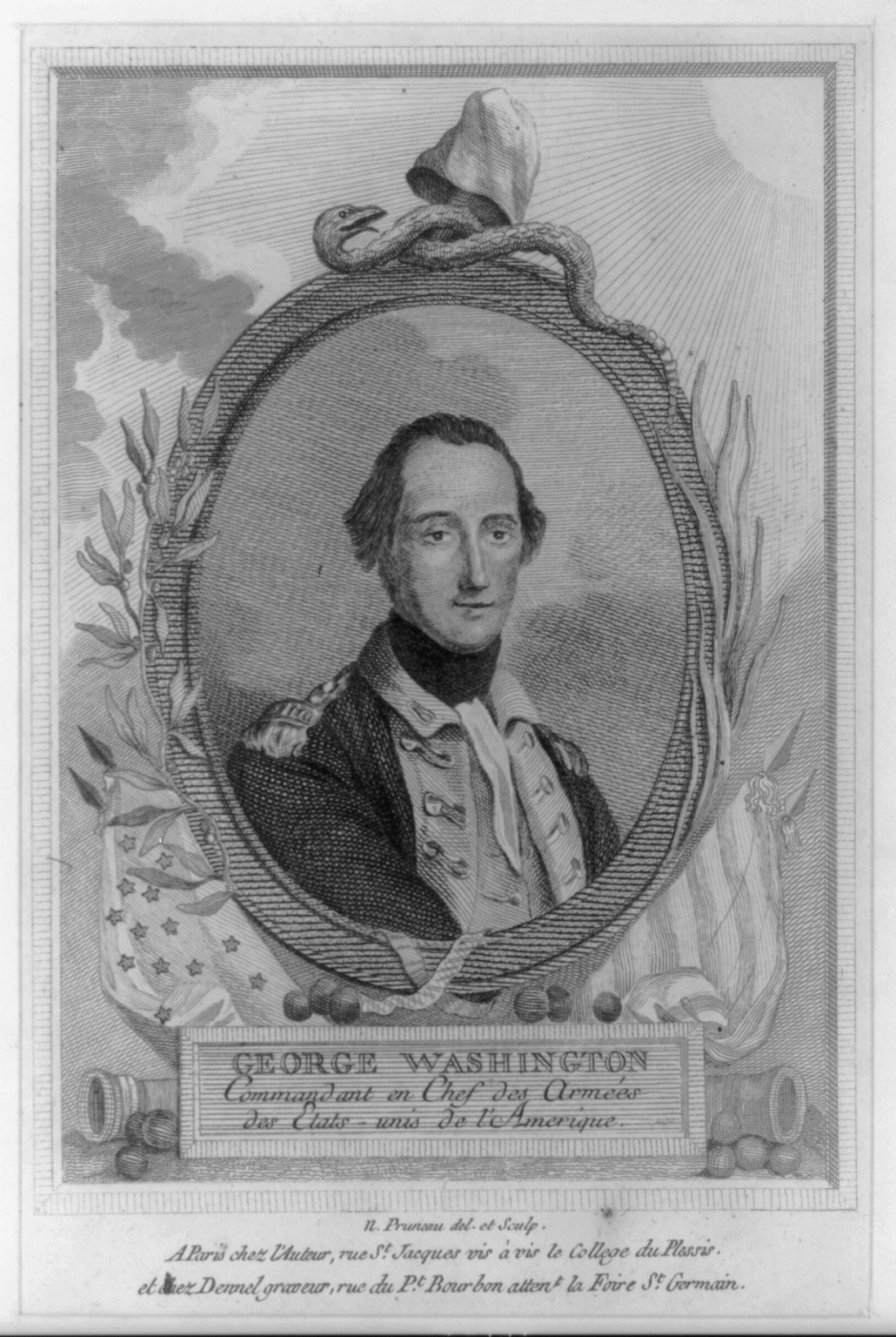 George Washington commandant en chef des armées des Etats-unis de l'Amerique / N. Pruneau del. et sculp. — antique engraving