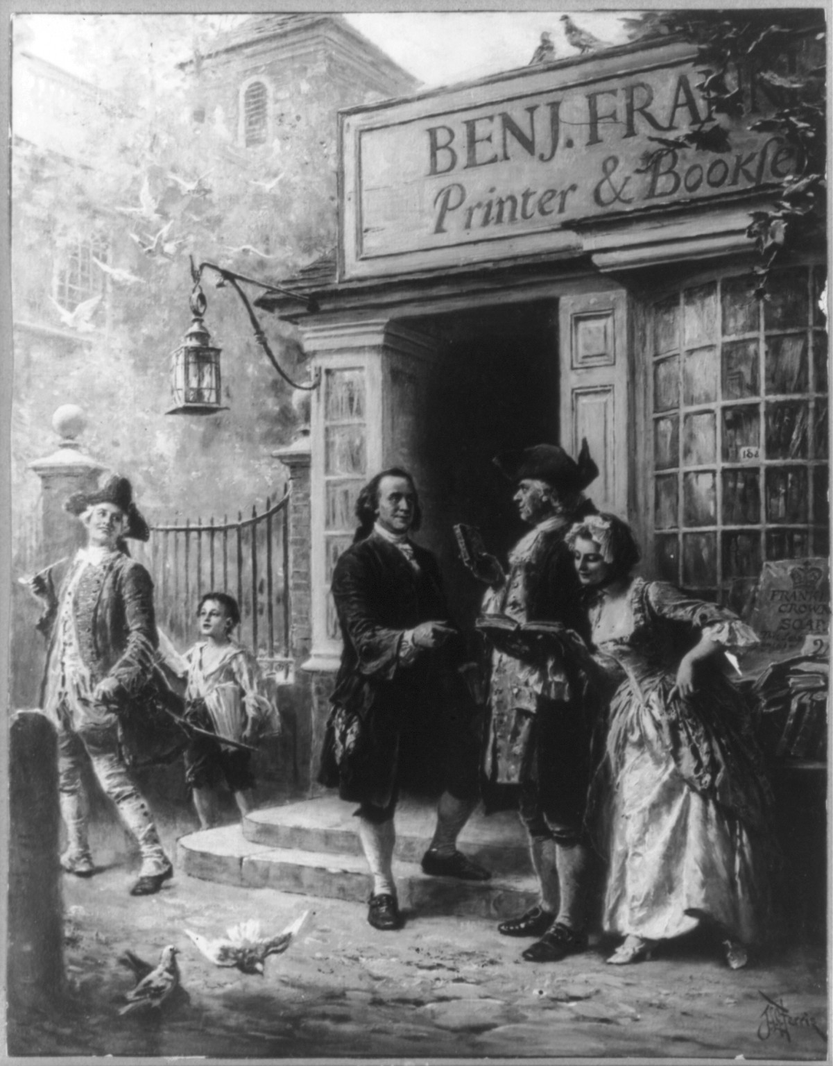 [Benjamin Franklin, 1706-1790, full length, standing with others outside door of his printing shop, facing right] — historic print