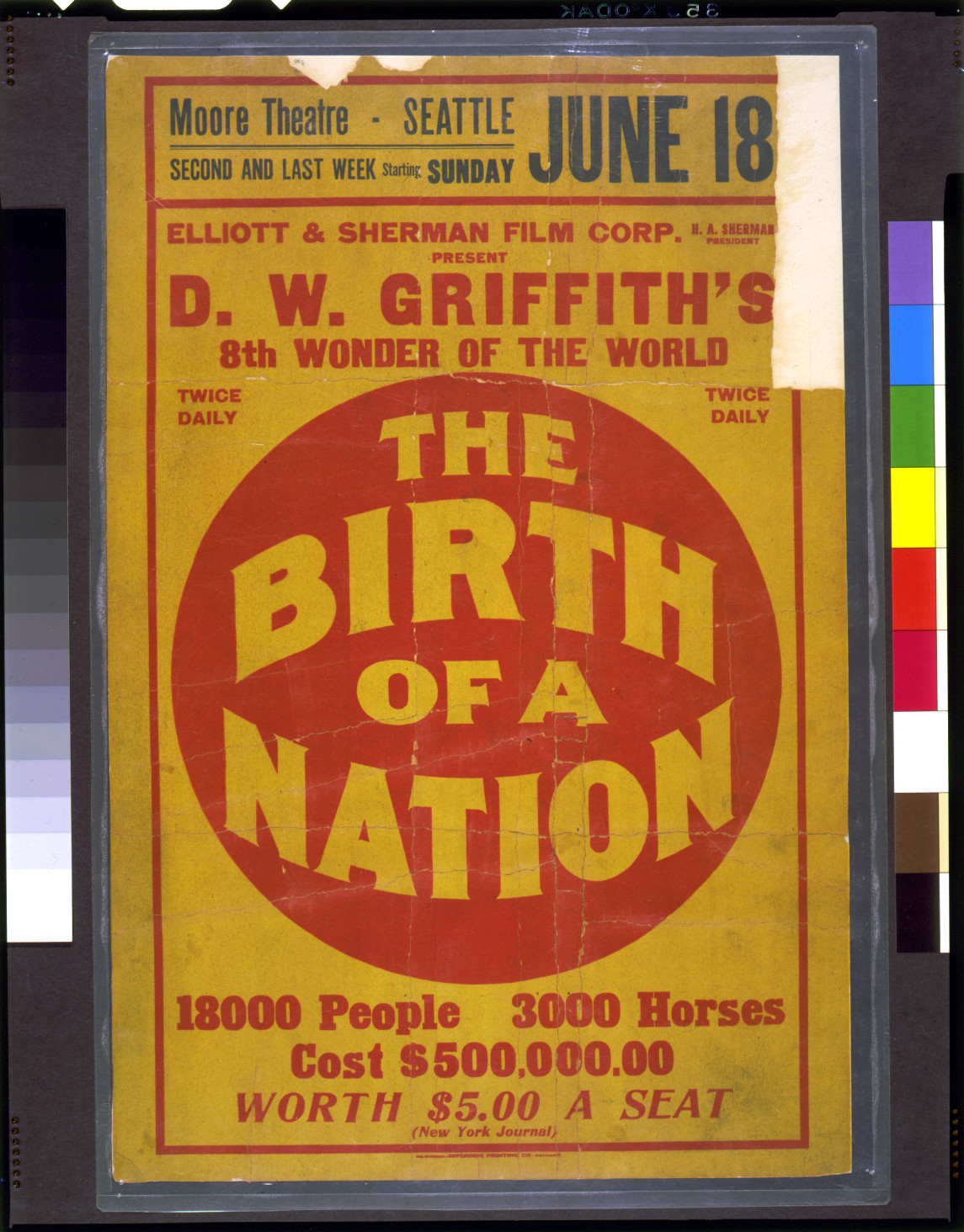 Elliot & Sherman Film Corp. ... present D.W. Griffith's 8th wonder of the world The Birth of a nation ..., Milwaukee : Riverside Printing Co., 1915. — vintage poster