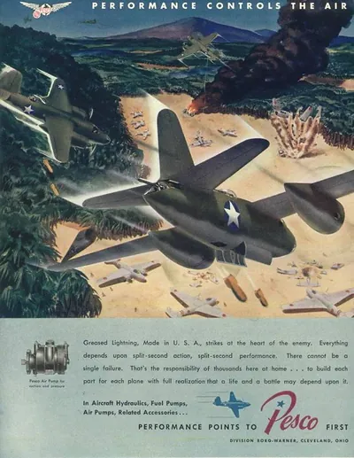Pesco air pump advertisement, 'Performance Controls the Air', fighter planes