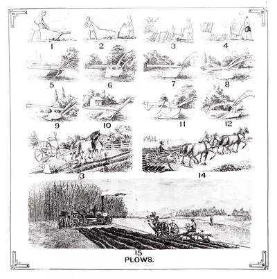 Plows: numbered engravings of plow types, page titled PLOWS