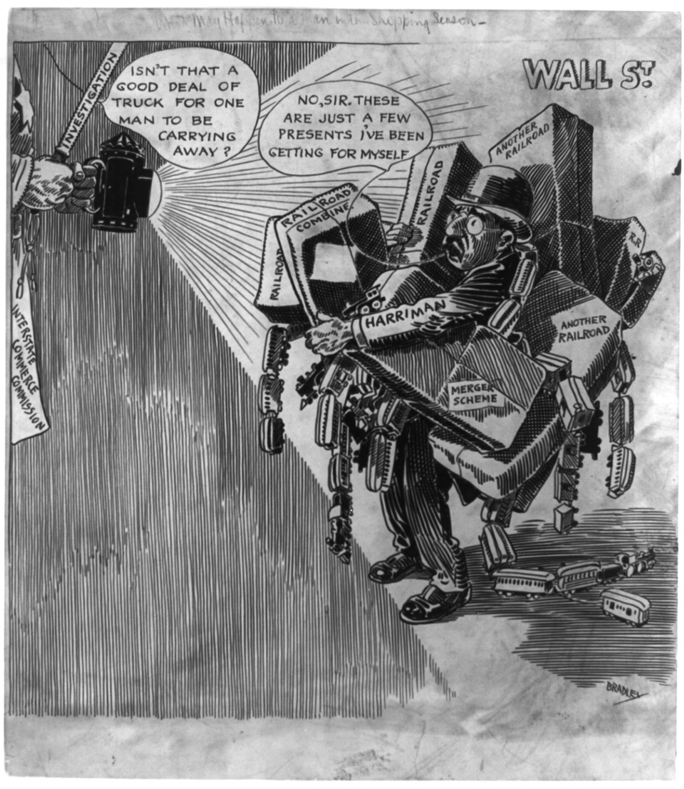 What may happen to a man in the shopping season; alas! To think that suspician should creep in to disturb the holiday feeling, 1906 Dec. 8 [publication date] — historic drawing