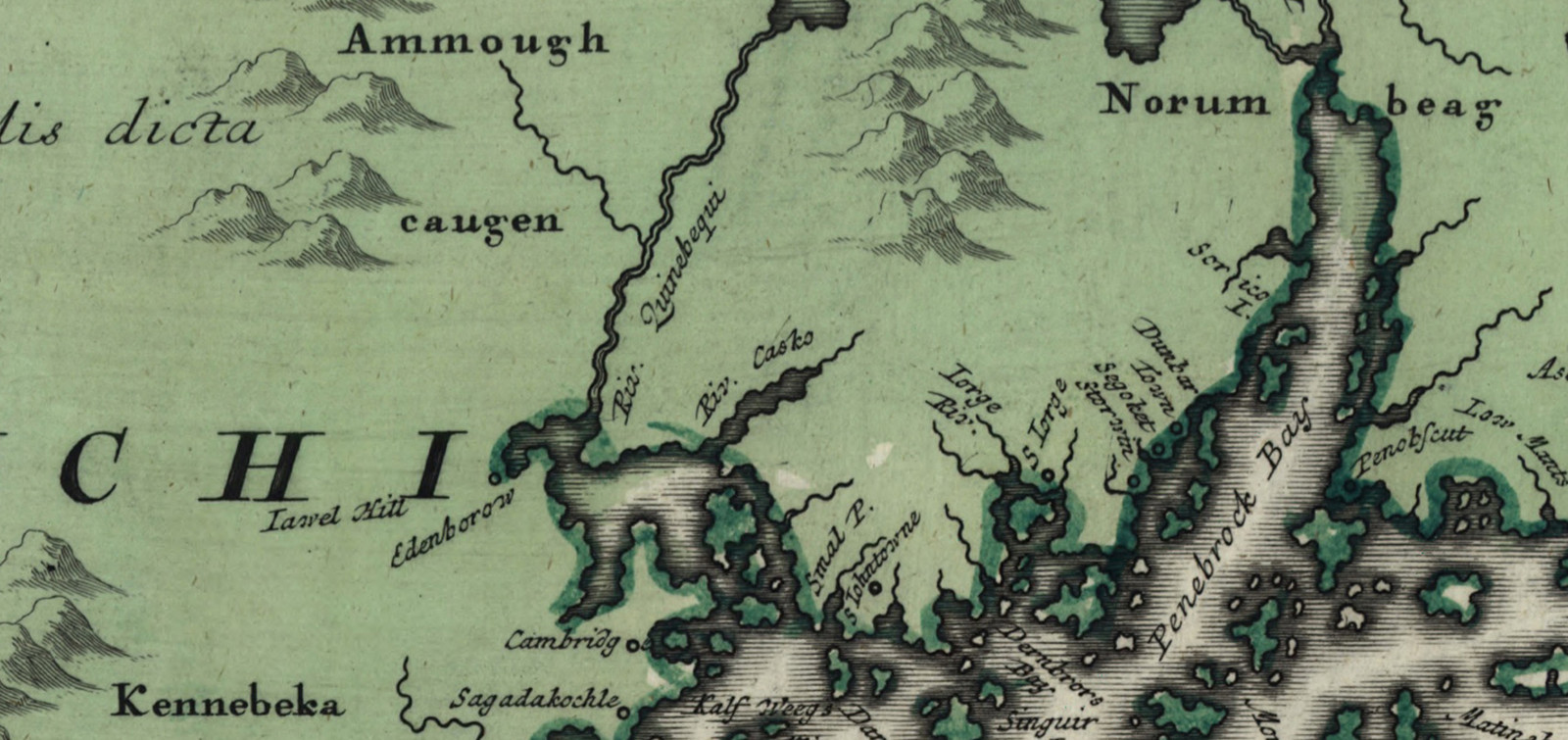 Antique map of New England coast with place names — antique map