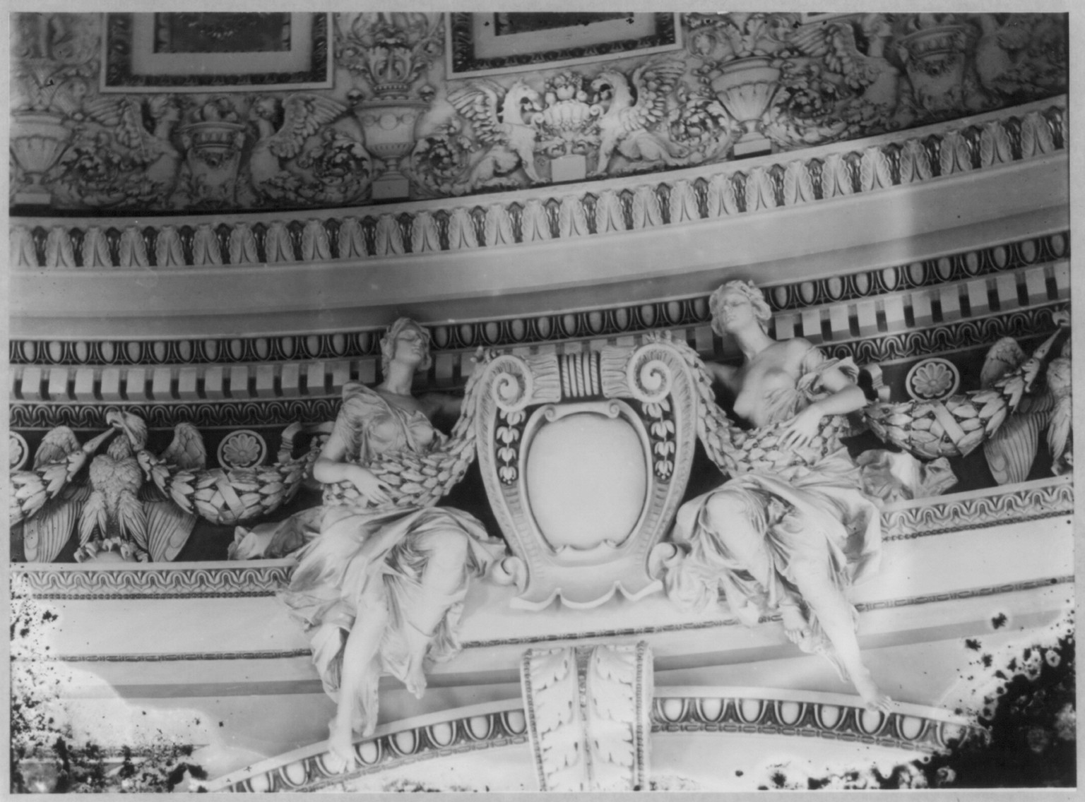 [Library of Congress: detail of bas-relief sculpture showing 2 female figures holding blank scroll in the Library of Congress] — historic photograph
