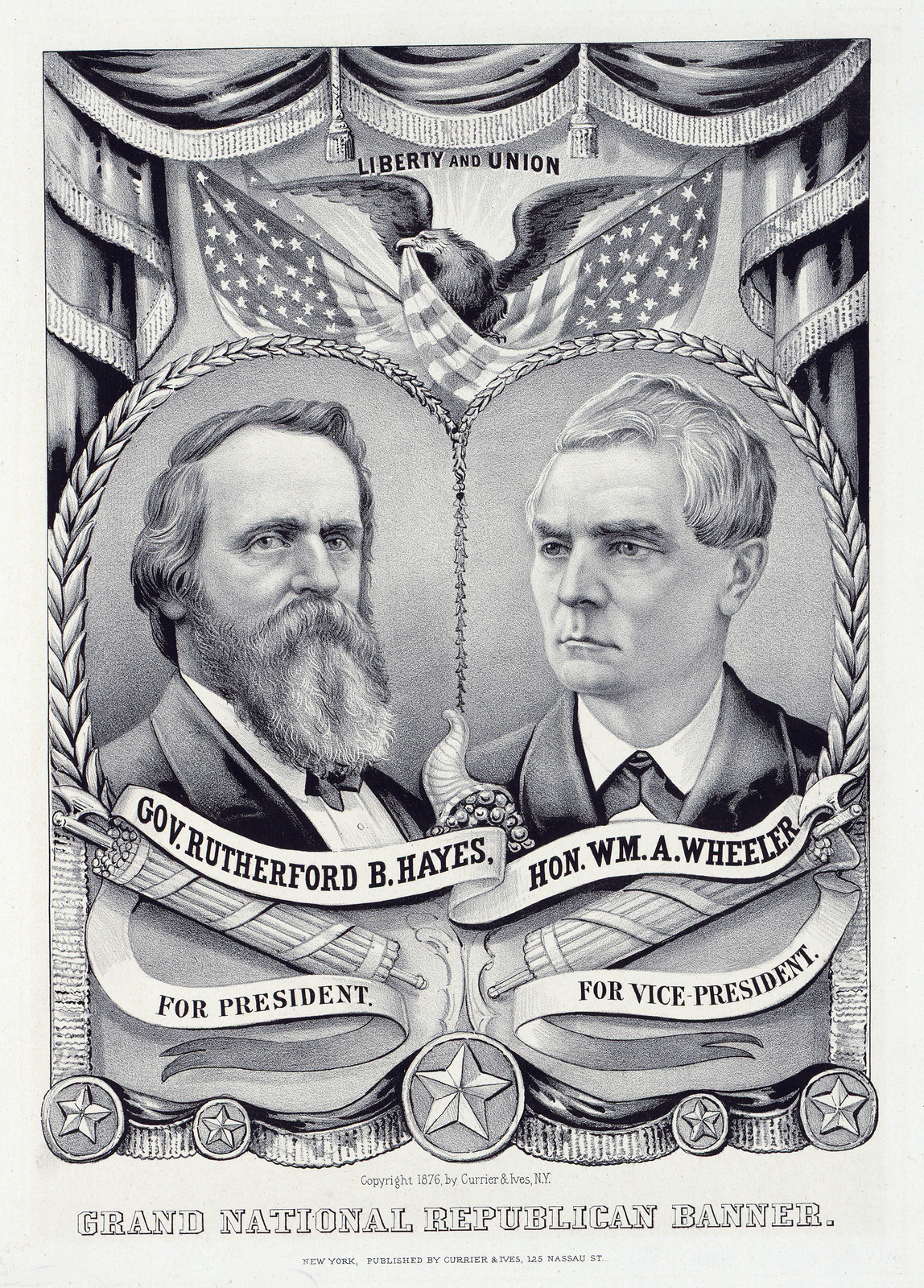 Grand National Republican Banner: Hayes and Wheeler campaign print, 1876 — historic print