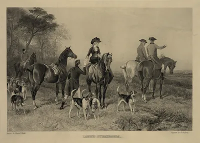 Love's Stratagem: engraving of riders and hounds in a field