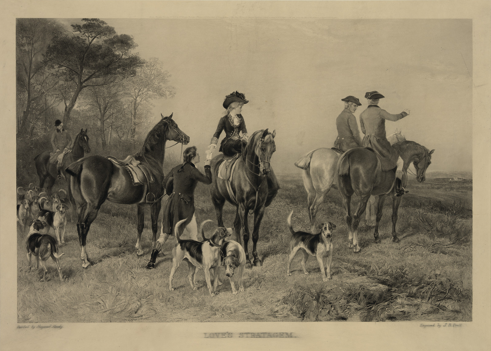 Love's Stratagem: engraving of riders and hounds in a field — antique engraving