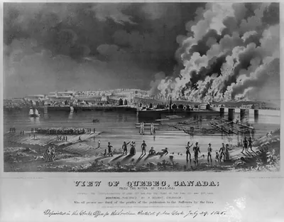 View of Quebec, Canada; from the river St. Charles; shewing the conflagration of June 28th. 1845, and the ruins of the fire of May 28th., 1845
