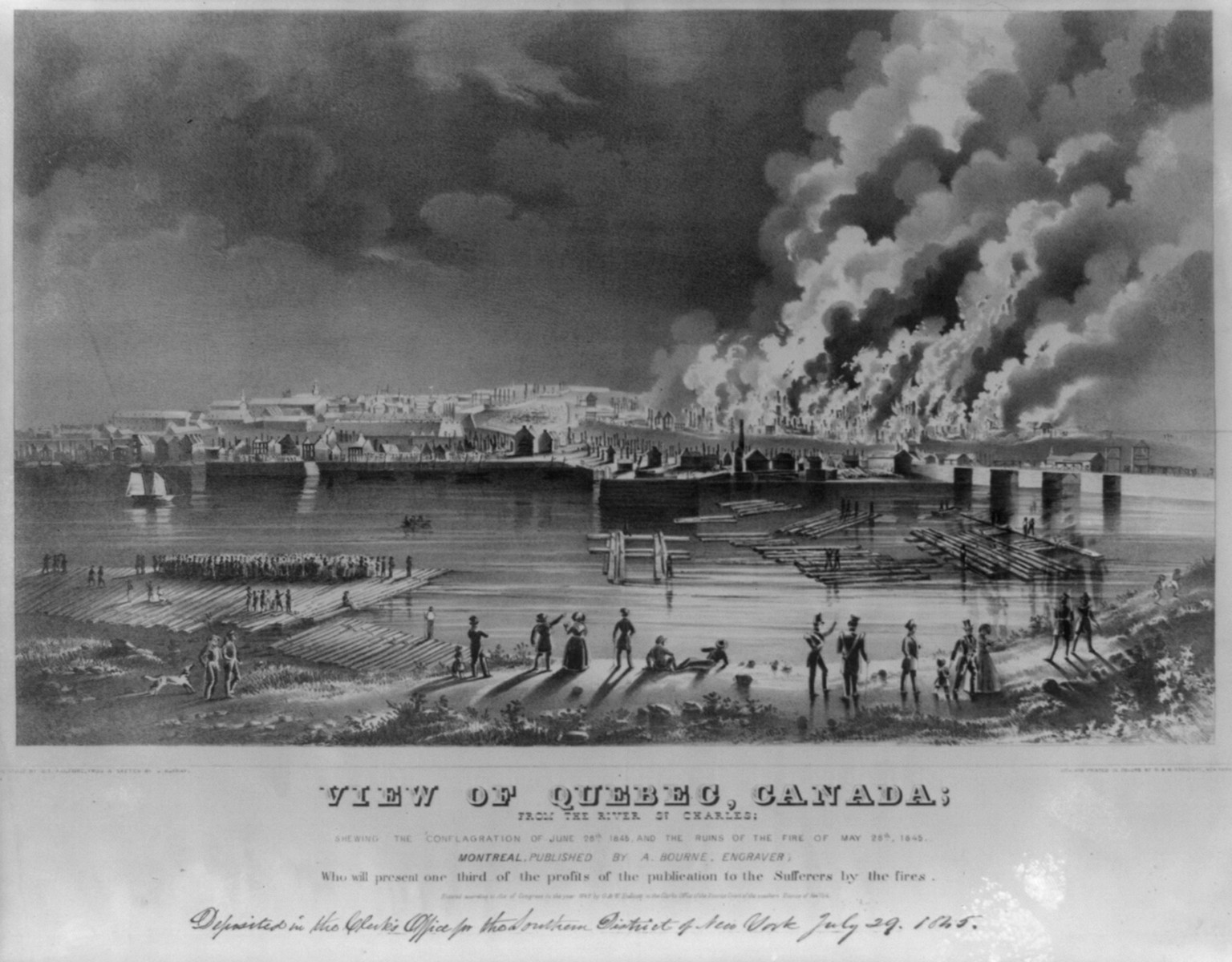 View of Quebec, Canada; from the river St. Charles; shewing the conflagration of June 28th. 1845, and the ruins of the fire of May 28th., 1845, c1845 July 29. — historic print