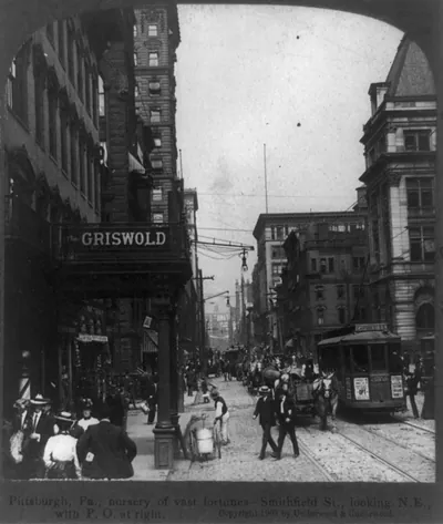 Pittsburgh, Pa., nursery of vast fortunes--Smithfield St., looking N.E., with P.O. at right