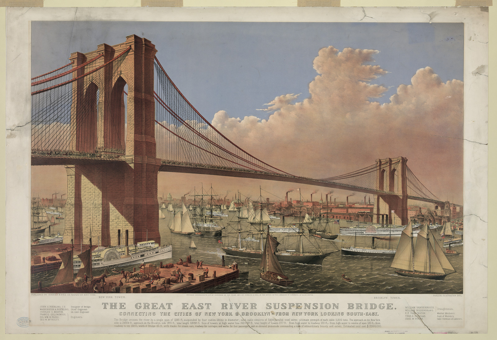 The Great East River Suspension Bridge, connecting the cities of New York & Brooklyn — historic image