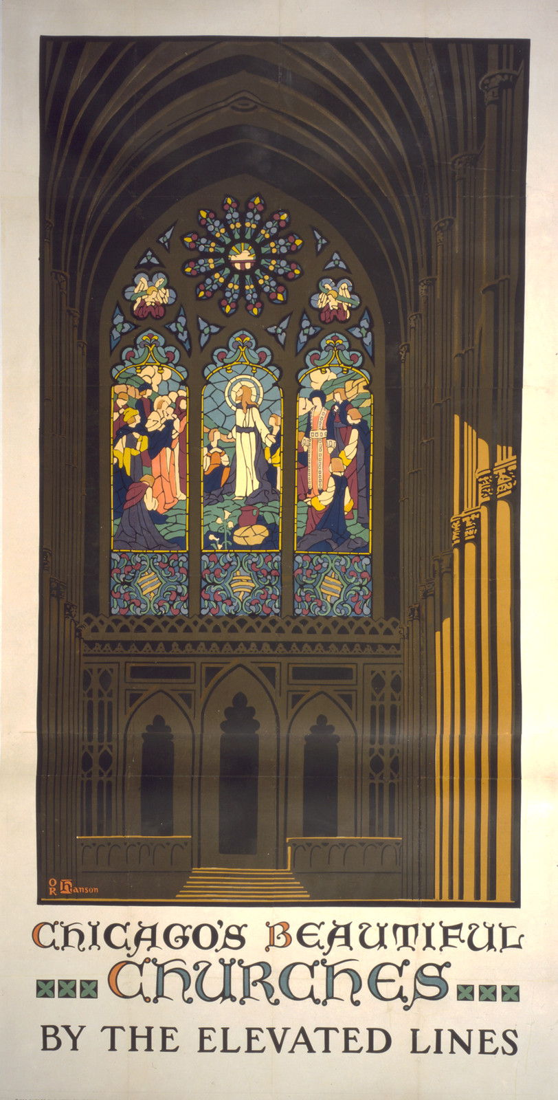 Chicago's beautiful churches by the elevated lines / O.R. Hanson., Chicago : National Ptg. & Eng. Co., 1923. — vintage poster