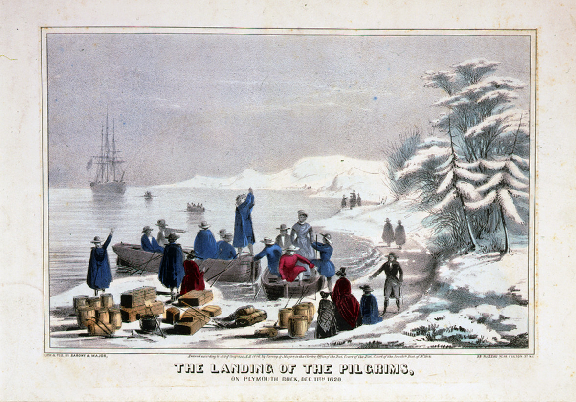 The landing of the Pilgrims, on Plymouth Rock, Dec. 11th 1620 / lith. & pub. by Sarony & Major., c1846. — antique lithograph