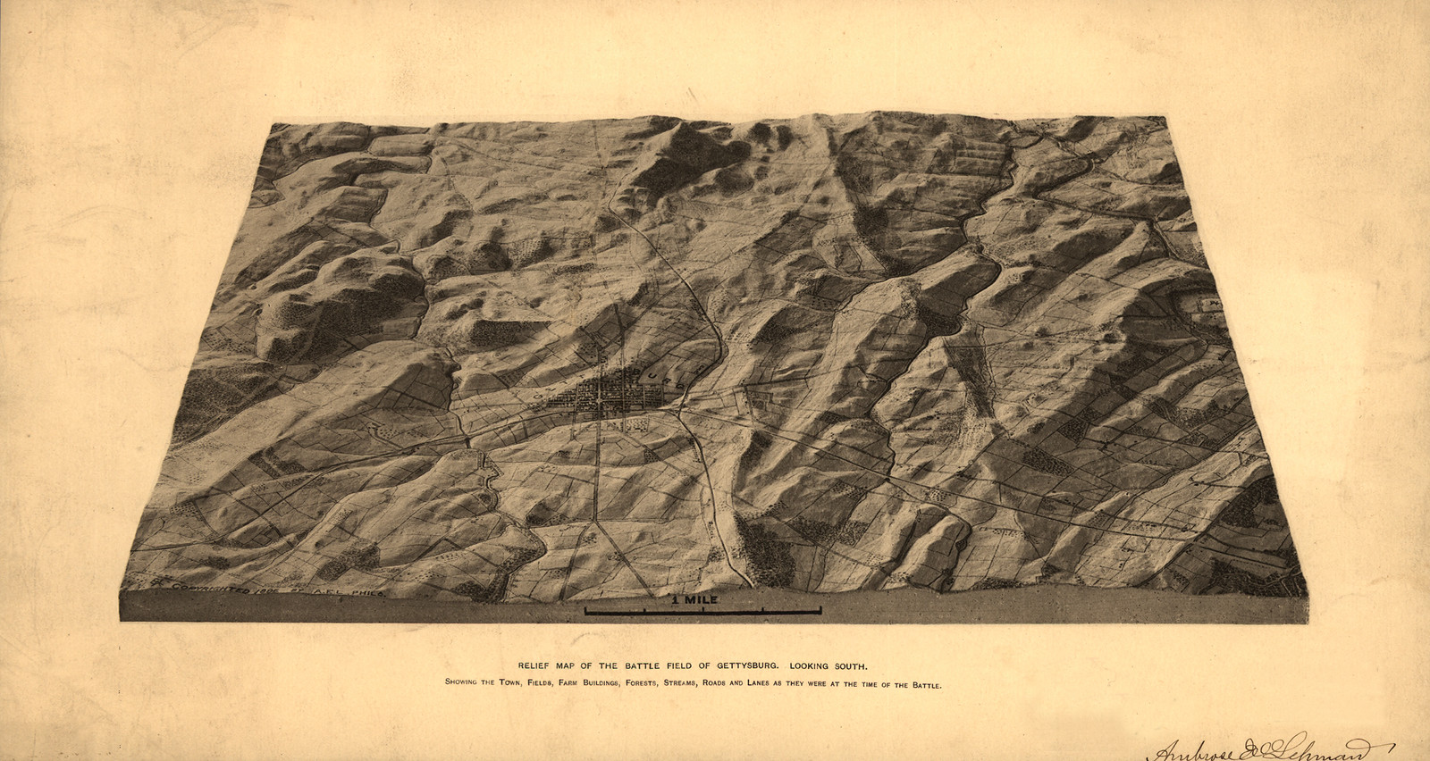 Relief map of the battle field of Gettysburg, looking south — antique map