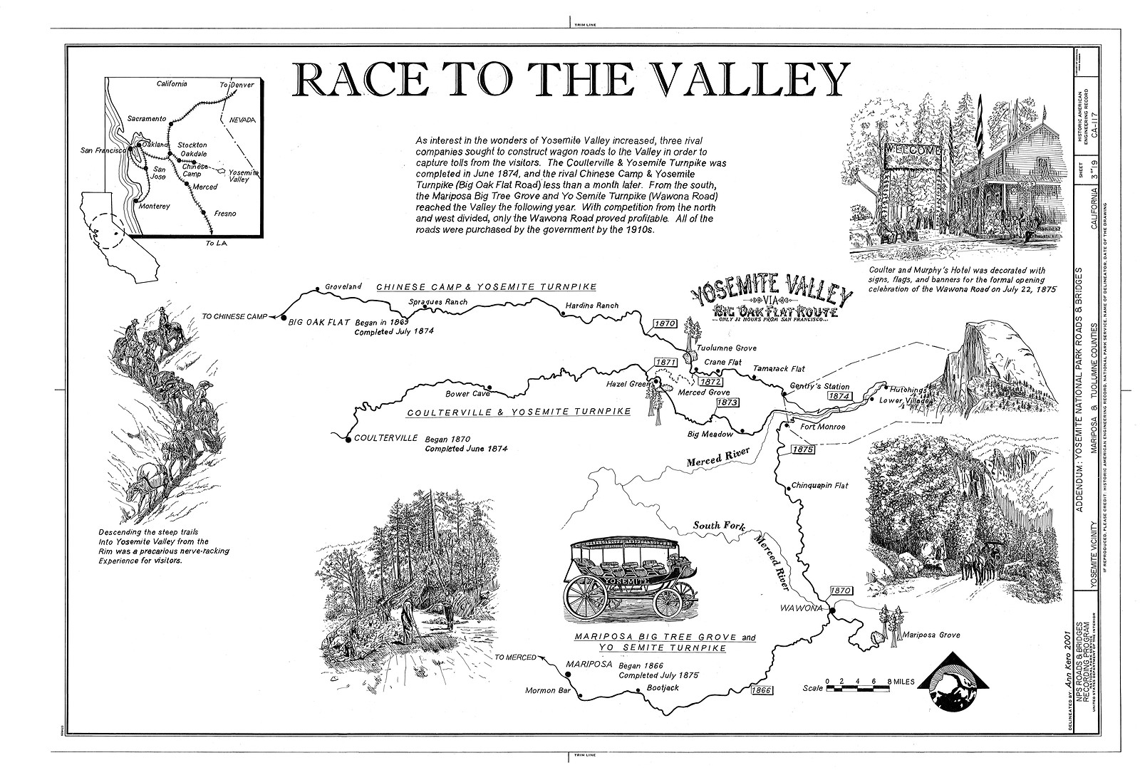 Race to the Valley: Yosemite turnpike roads map — antique map