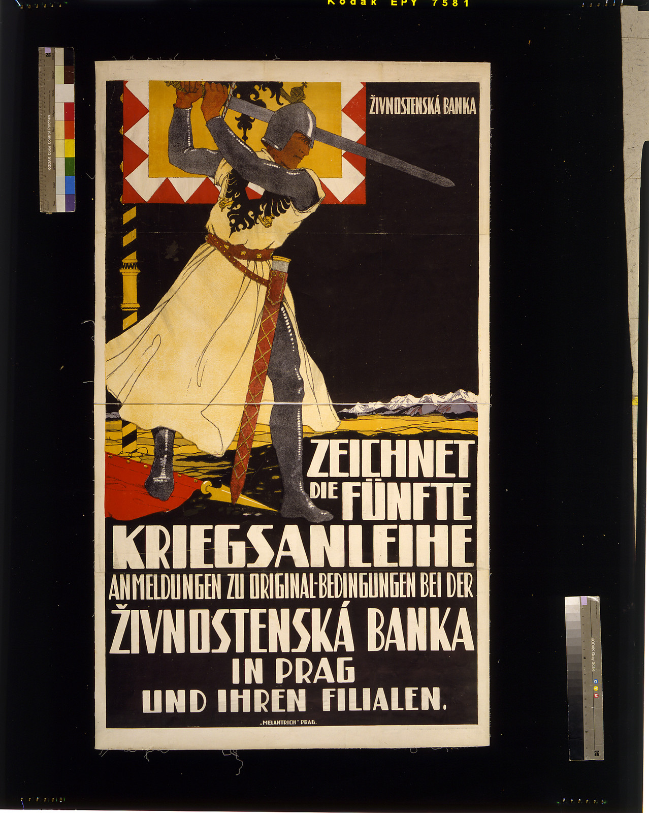 Zeichnet die fuumlnfte Kriegsanleihe ... Zivnostenskaacute Banka in Prag und ihren Filialen!, 1916 — vintage poster