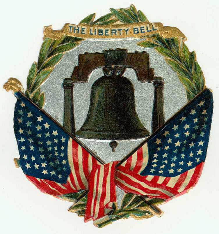 The Liberty Bell in wreath with flags — historic image