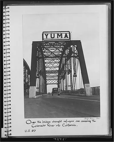 Over this bridge drought refugees are crossing the Colorado River into California. U.S. 80 / Dorothea Lange, 1935.