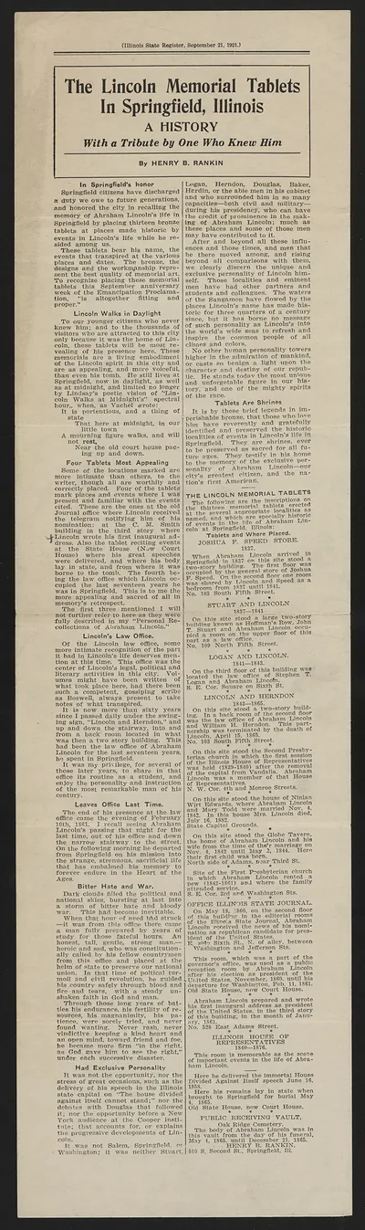 The Lincoln Memorial Tablets in Springfield, Illinois: A History