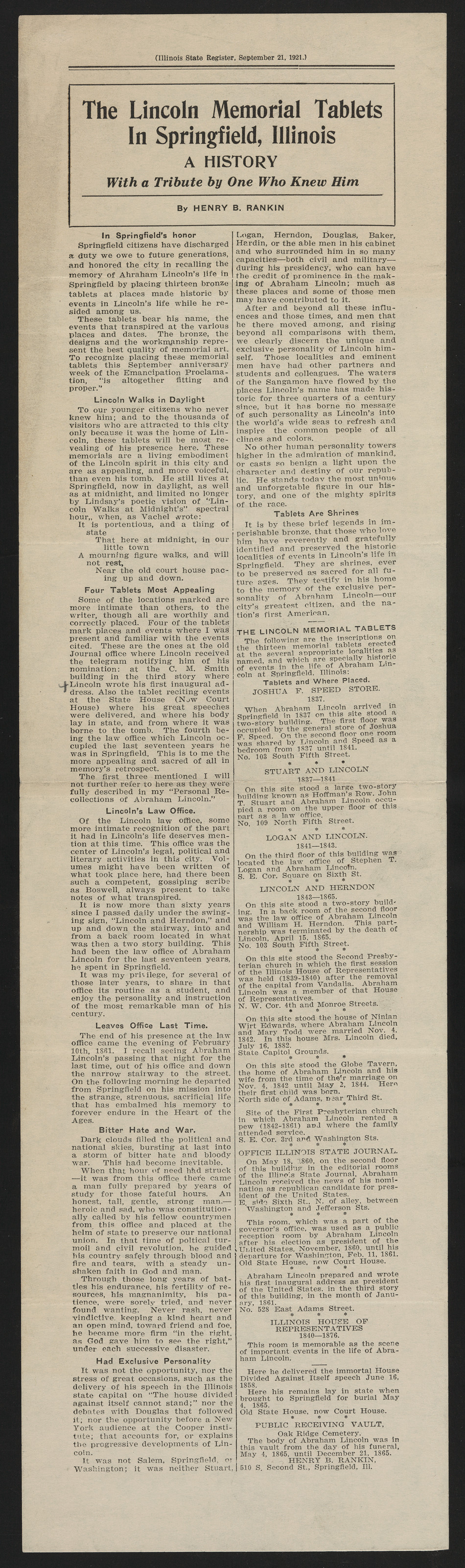 The Lincoln Memorial Tablets in Springfield, Illinois: A History — historic image