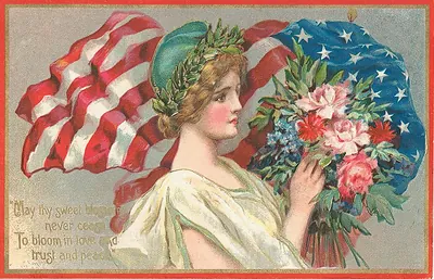 Patriotic postcard with woman, flag and flowers