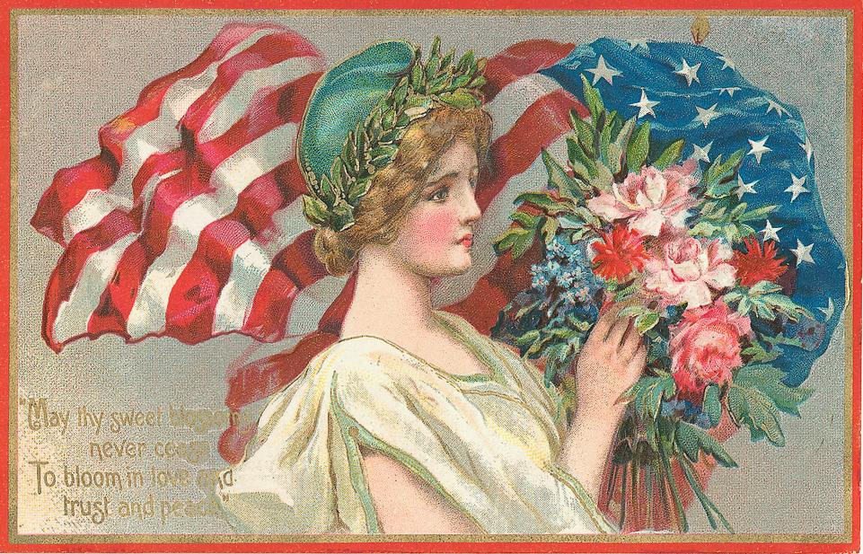Patriotic postcard with woman, flag and flowers — vintage postcard